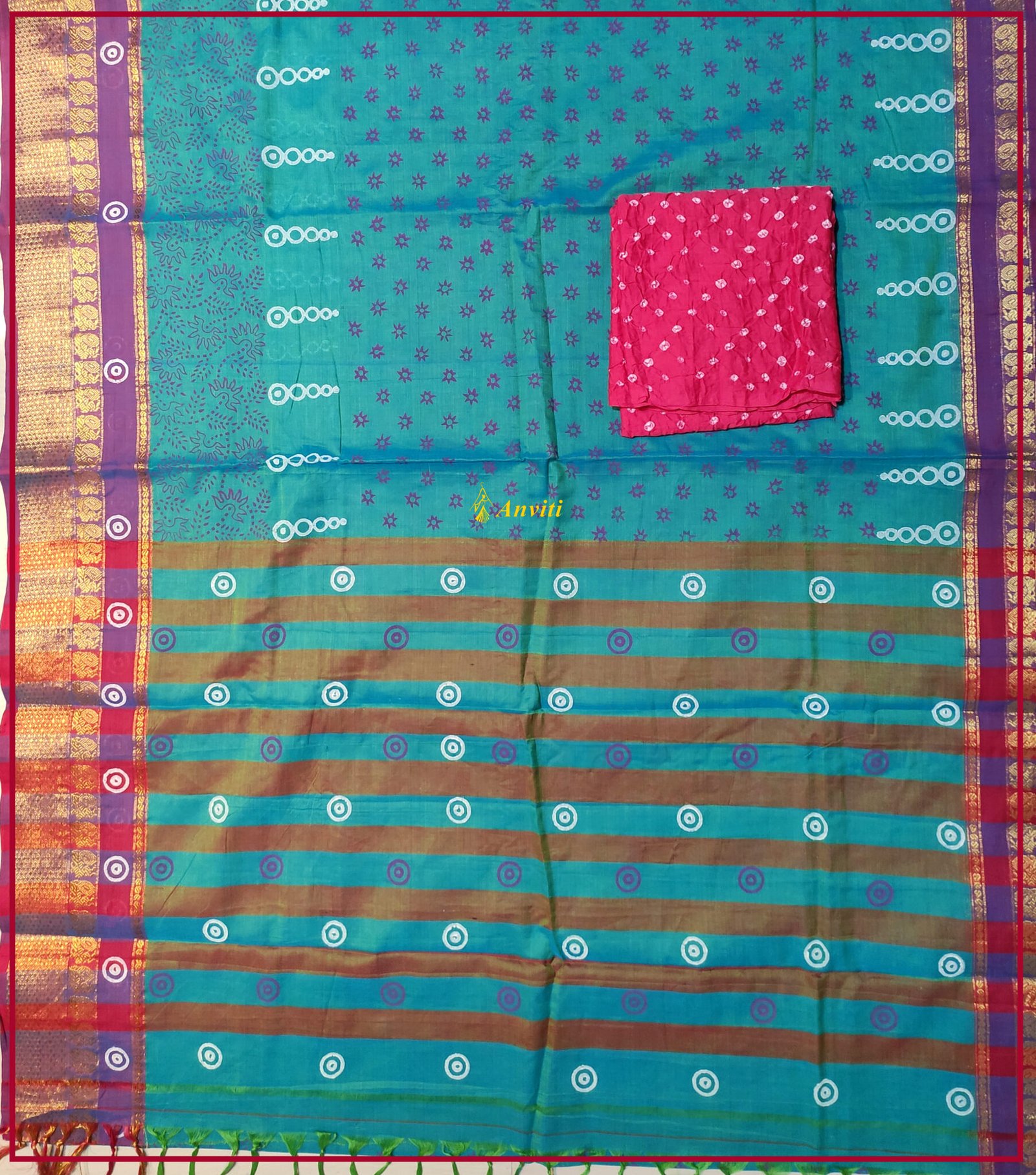 Blue - Zari Border Dharwad Cotton Fabric 22